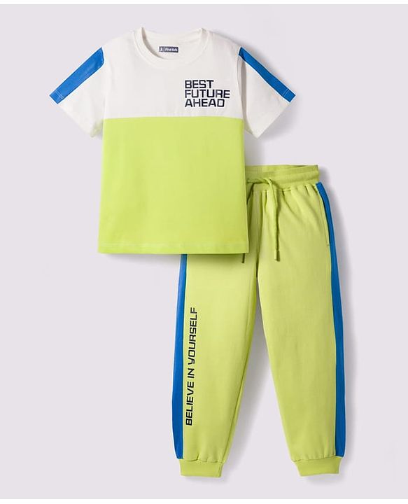 Pine Kids Cotton Knit Half Sleeves T-Shirt & Lounge Pant Set With Text Print - White & Lime Green