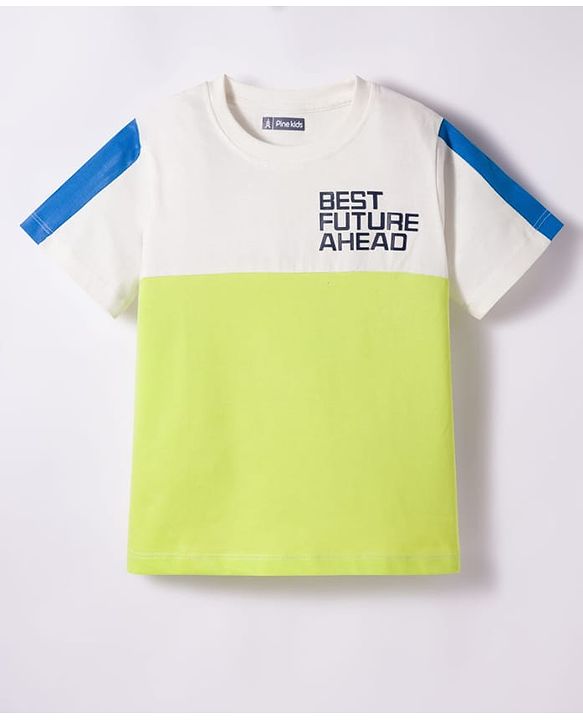 Pine Kids Cotton Knit Half Sleeves T-Shirt & Lounge Pant Set With Text Print - White & Lime Green
