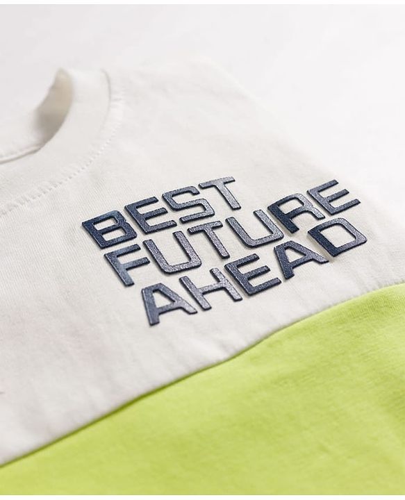 Pine Kids Cotton Knit Half Sleeves T-Shirt & Lounge Pant Set With Text Print - White & Lime Green