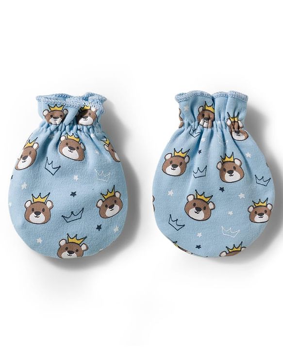 Babyhug 100% Cotton Knit Mittens & Booties With Teddy Bear Print - Light Blue