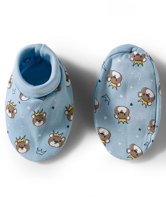 Babyhug 100% Cotton Knit Mittens & Booties With Teddy Bear Print - Light Blue