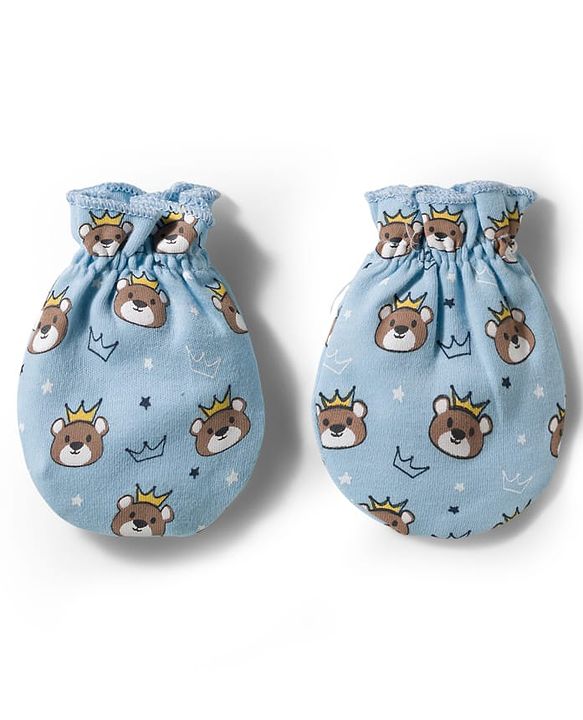 Babyhug 100% Cotton Knit Mittens & Booties With Teddy Bear Print - Light Blue