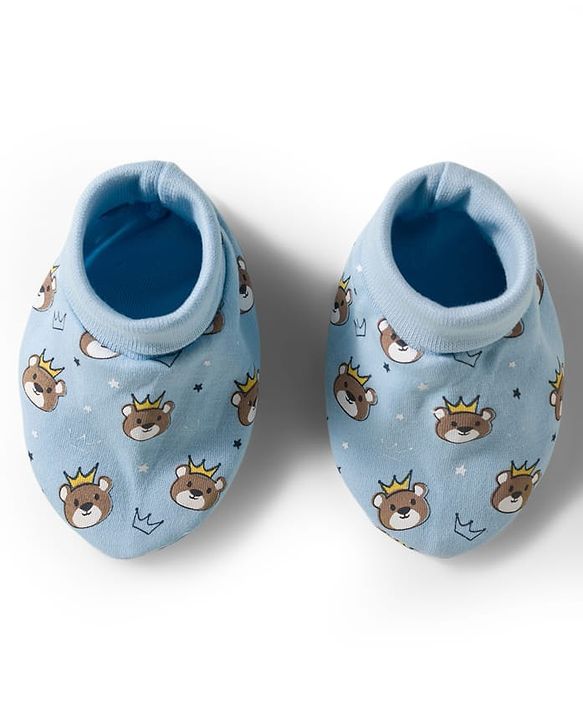 Babyhug 100% Cotton Knit Mittens & Booties With Teddy Bear Print - Light Blue