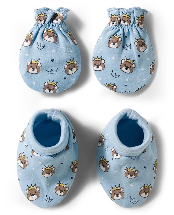 Babyhug 100% Cotton Knit Mittens & Booties With Teddy Bear Print - Light Blue