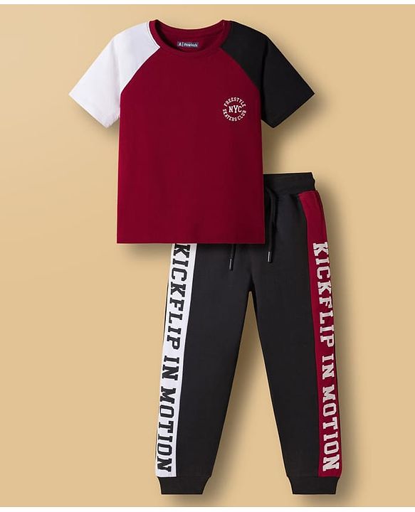 Pine Kids Cotton Knit Half Raglan Sleeves T-Shirt & Lounge Pant Set with Text Graphic - Black & Maroon