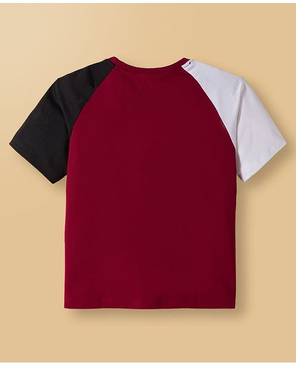 Pine Kids Cotton Knit Half Raglan Sleeves T-Shirt & Lounge Pant Set with Text Graphic - Black & Maroon
