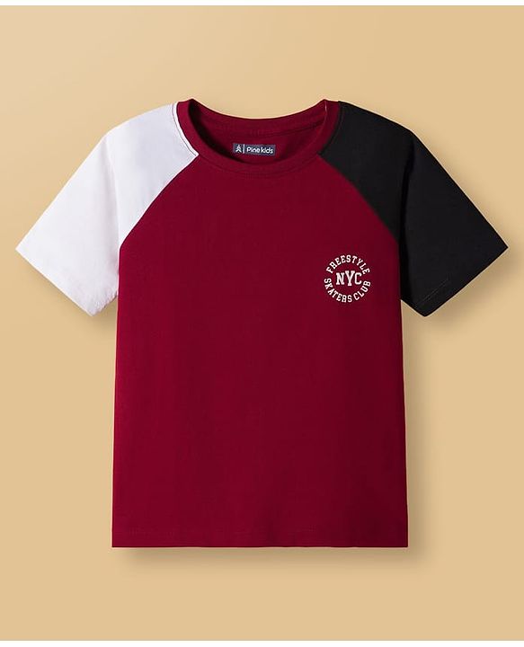 Pine Kids Cotton Knit Half Raglan Sleeves T-Shirt & Lounge Pant Set with Text Graphic - Black & Maroon