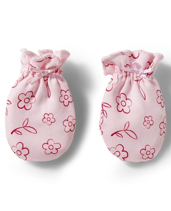 Babyhug 100% Cotton Knit Mittens & Booties With Floral Print - Pink