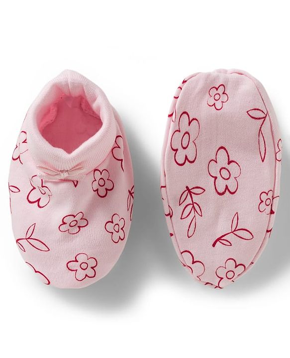 Babyhug 100% Cotton Knit Mittens & Booties With Floral Print - Pink