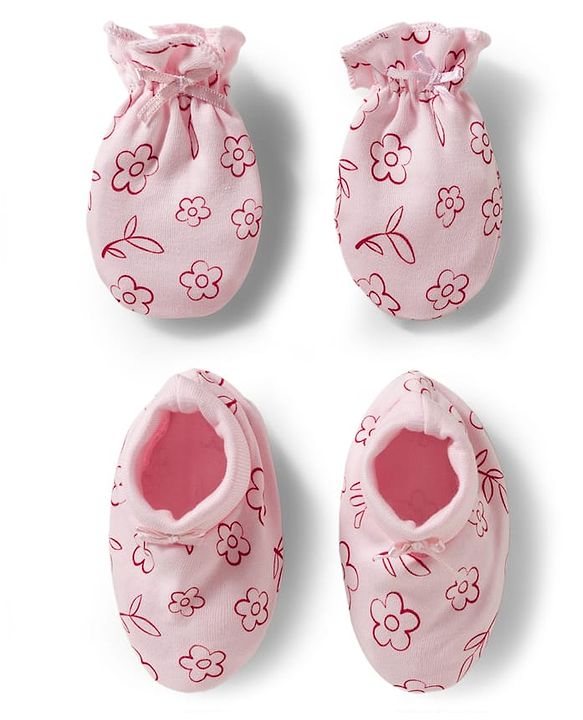 Babyhug 100% Cotton Knit Mittens & Booties With Floral Print - Pink