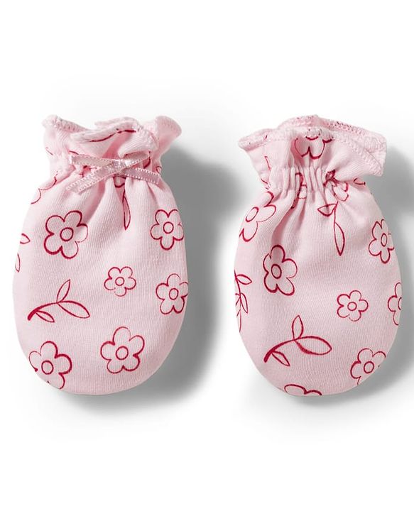 Babyhug 100% Cotton Knit Mittens & Booties With Floral Print - Pink