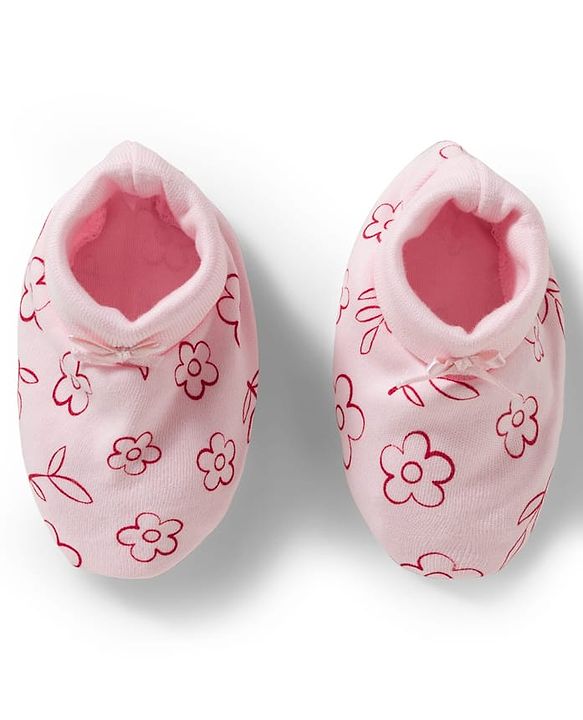 Babyhug 100% Cotton Knit Mittens & Booties With Floral Print - Pink