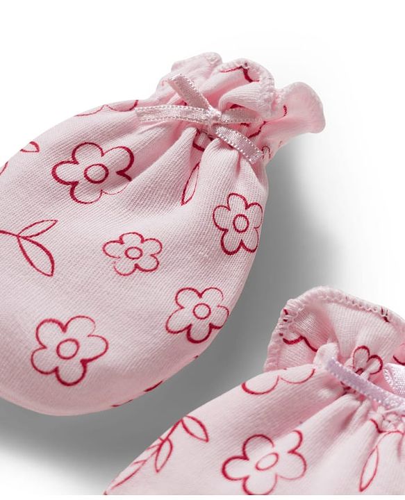 Babyhug 100% Cotton Knit Mittens & Booties With Floral Print - Pink