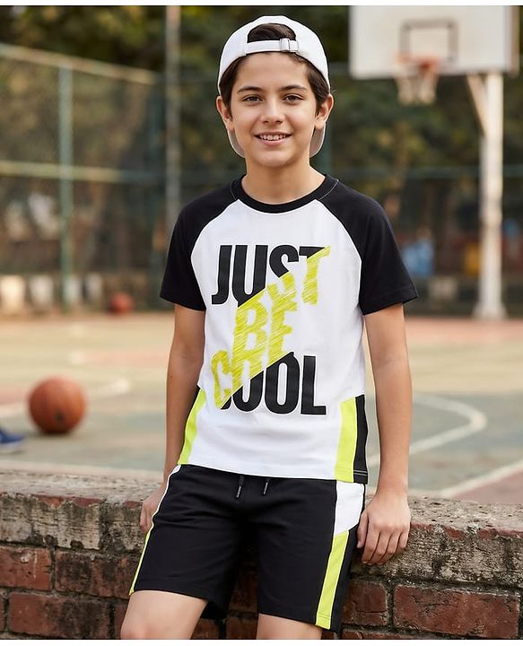 Pine Kids Cotton Knit Half Raglan Sleeves Cut & Sew T-Shirt & Shorts Set with Just Be Cool Print - Black & White