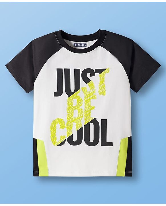 Pine Kids Cotton Knit Half Raglan Sleeves Cut & Sew T-Shirt & Shorts Set with Just Be Cool Print - Black & White