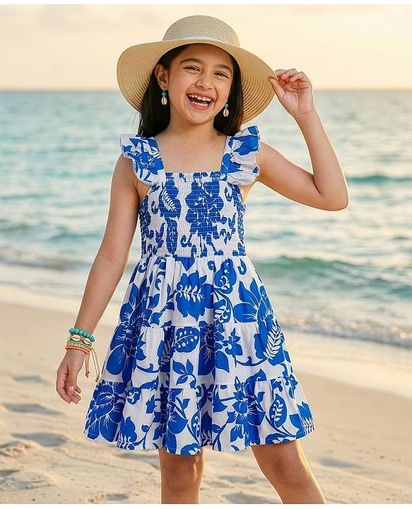 Pine Kids Poplin Woven Sleeveless Frock With Floral Print - Blue