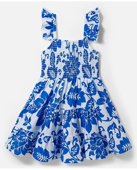 Pine Kids Poplin Woven Sleeveless Frock With Floral Print - Blue