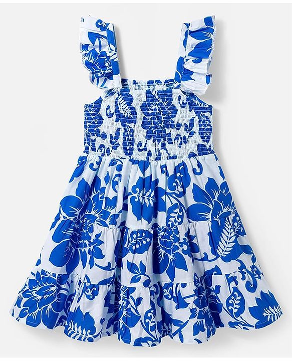 Pine Kids Poplin Woven Sleeveless Frock With Floral Print - Blue