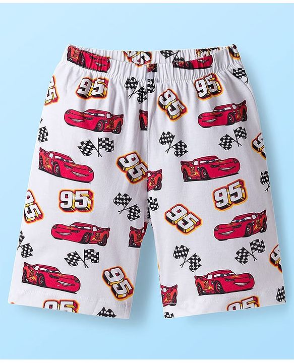 Babyhug Disney Single Jersey Knit Half Sleeves Shorts Night Suit With Cars Graphics - Dark Pink