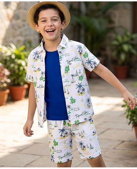 Pine Kids Single Jersey Knit Half Sleeves Shirt & Shorts Co-ord Set With Boat Print & Inner Tee - White