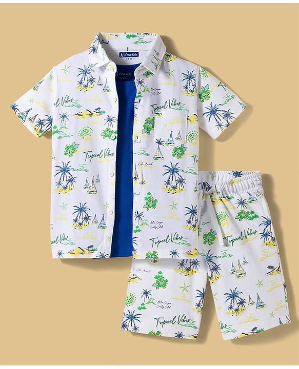 Pine Kids Single Jersey Knit Half Sleeves Shirt & Shorts Co-ord Set With Boat Print & Inner Tee - White