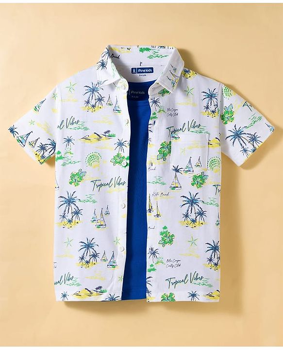 Pine Kids Single Jersey Knit Half Sleeves Shirt & Shorts Co-ord Set With Boat Print & Inner Tee - White