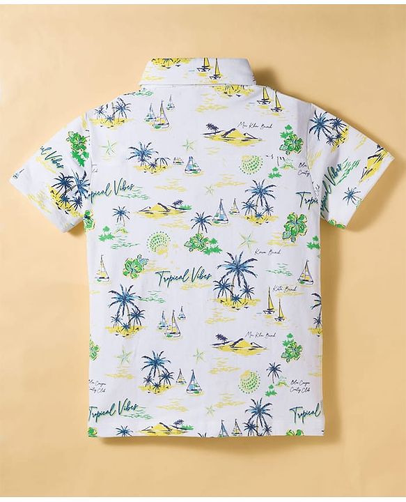 Pine Kids Single Jersey Knit Half Sleeves Shirt & Shorts Co-ord Set With Boat Print & Inner Tee - White