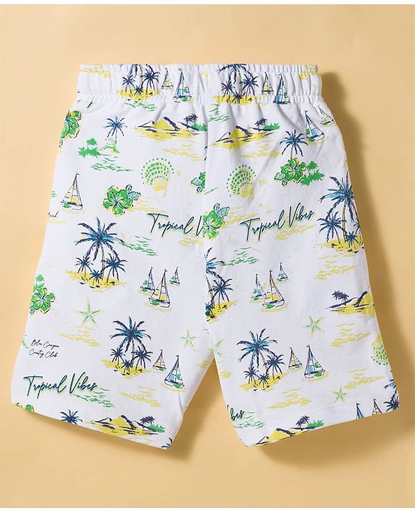 Pine Kids Single Jersey Knit Half Sleeves Shirt & Shorts Co-ord Set With Boat Print & Inner Tee - White