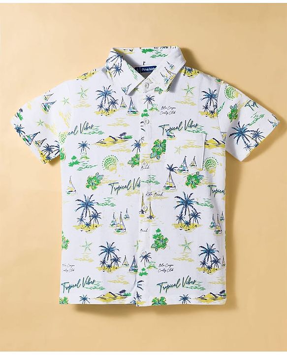 Pine Kids Single Jersey Knit Half Sleeves Shirt & Shorts Co-ord Set With Boat Print & Inner Tee - White