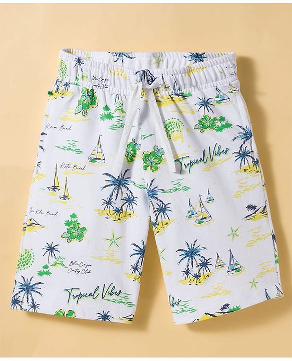 Pine Kids Single Jersey Knit Half Sleeves Shirt & Shorts Co-ord Set With Boat Print & Inner Tee - White
