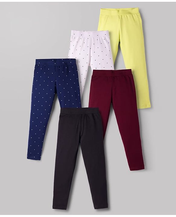 Pine Kids Cotton Lycra Knit Full Length Leggings with Polka Dot Print Pack of 5 (Color & Design May Vary)