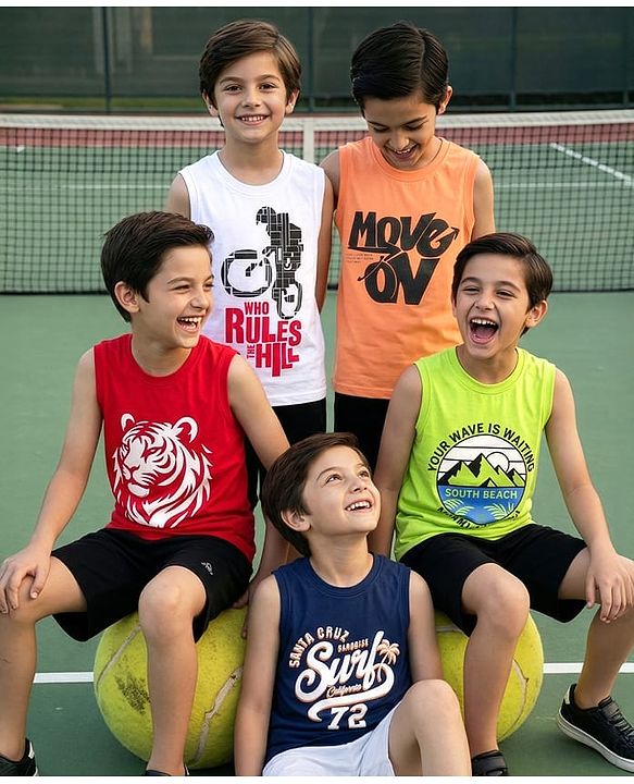 Pine Kids Cotton Knit Sleeveless Tank T-Shirts with Text Print Pack of 5 - Multicolor