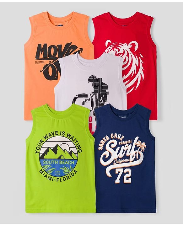 Pine Kids Cotton Knit Sleeveless Tank T-Shirts with Text Print Pack of 5 - Multicolor