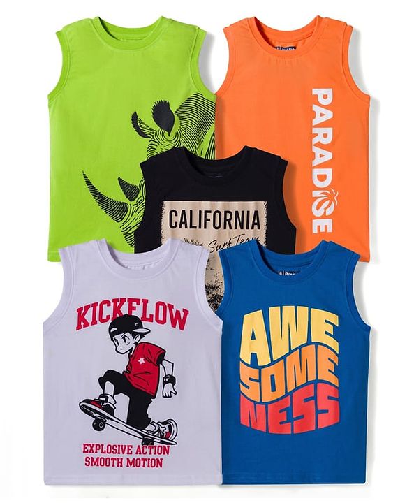 Pine Kids Cotton Knit Sleeveless Tank T-Shirts with Text Print Pack of 5 - Multicolor