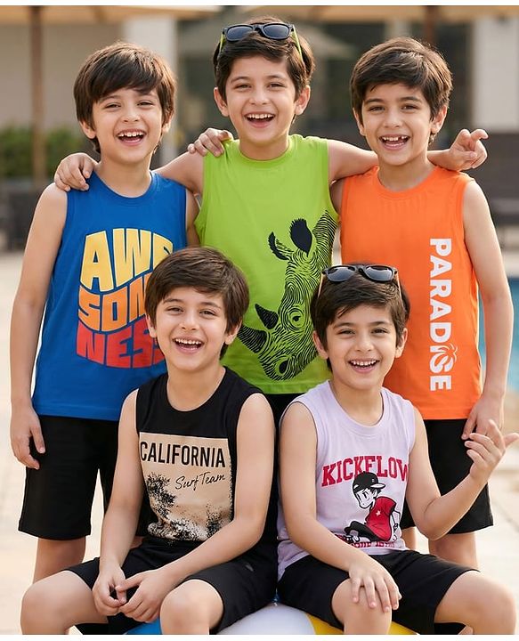 Pine Kids Cotton Knit Sleeveless Tank T-Shirts with Text Print Pack of 5 - Multicolor