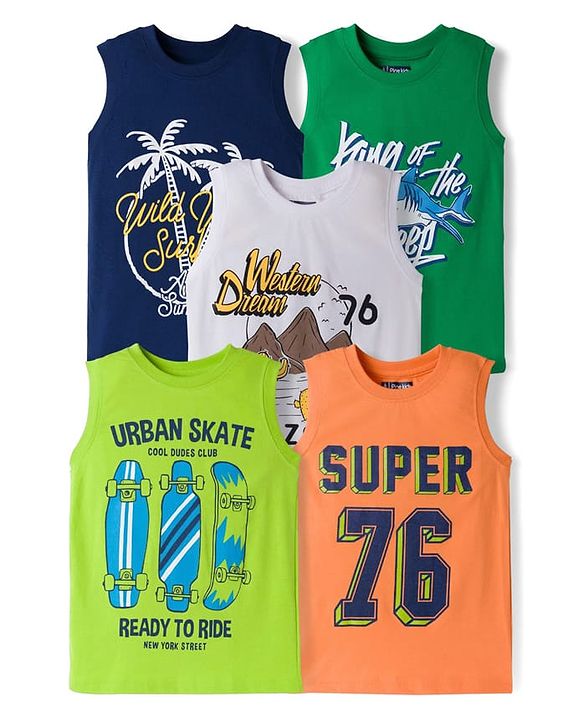 Pine Kids Cotton Knit Sleeveless Tank T-Shirts with Text Print Pack of 5 - Multicolor