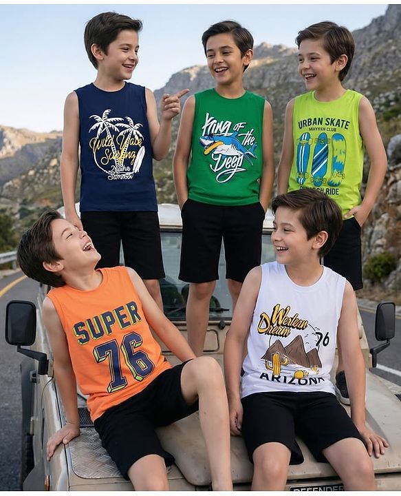 Pine Kids Cotton Knit Sleeveless Tank T-Shirts with Text Print Pack of 5 - Multicolor