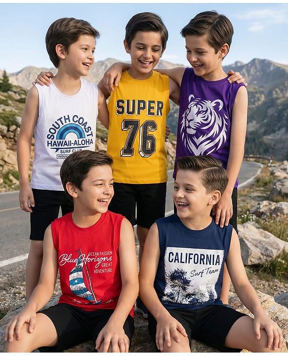 Pine Kids Cotton Knit Sleeveless Tank T-Shirts with Text Print Pack of 5 - Multicolor