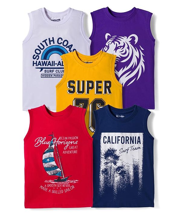 Pine Kids Cotton Knit Sleeveless Tank T-Shirts with Text Print Pack of 5 - Multicolor