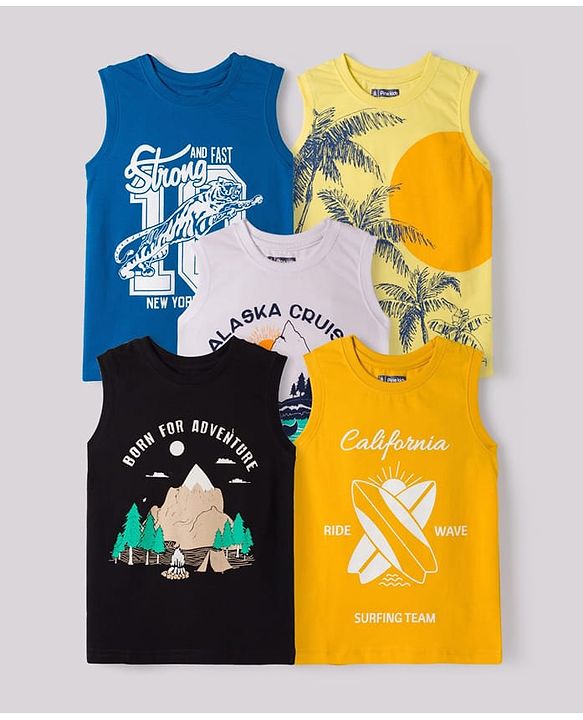 Pine Kids Cotton Knit Sleeveless Tank T-Shirts with Text Print Pack of 5 - Multicolor