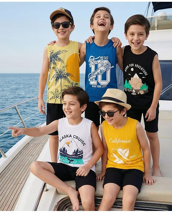 Pine Kids Cotton Knit Sleeveless Tank T-Shirts with Text Print Pack of 5 - Multicolor