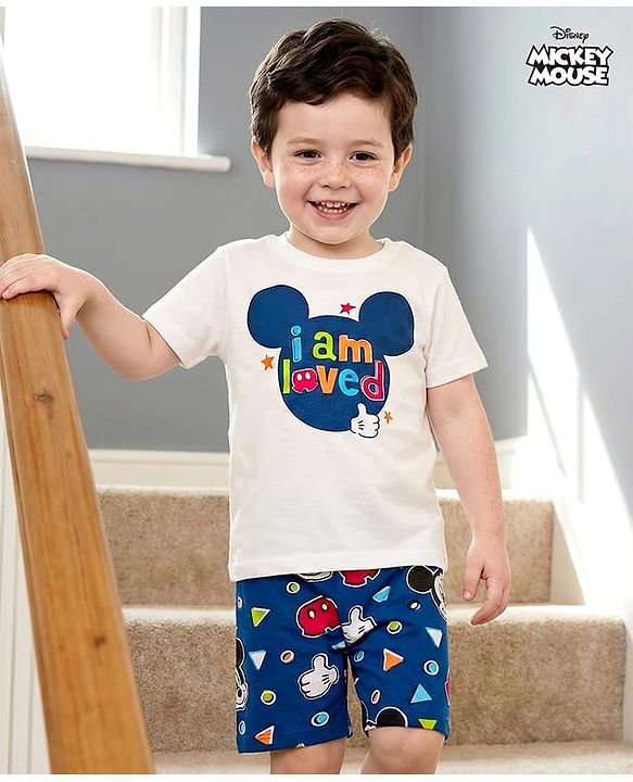 Babyhug Disney Single Jersey Knit Half Sleeves Shorts Night Suit With Mickey Mouse Graphics - White