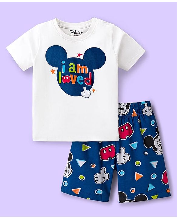 Babyhug Disney Single Jersey Knit Half Sleeves Shorts Night Suit With Mickey Mouse Graphics - White