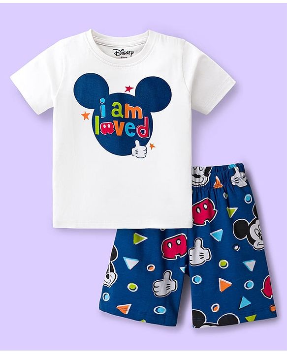 Babyhug Disney Single Jersey Knit Half Sleeves Shorts Night Suit With Mickey Mouse Graphics - White