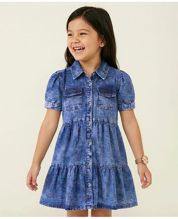 Pine Kids Cotton Woven Half Sleeves Solid Colour Frock - Navy Blue