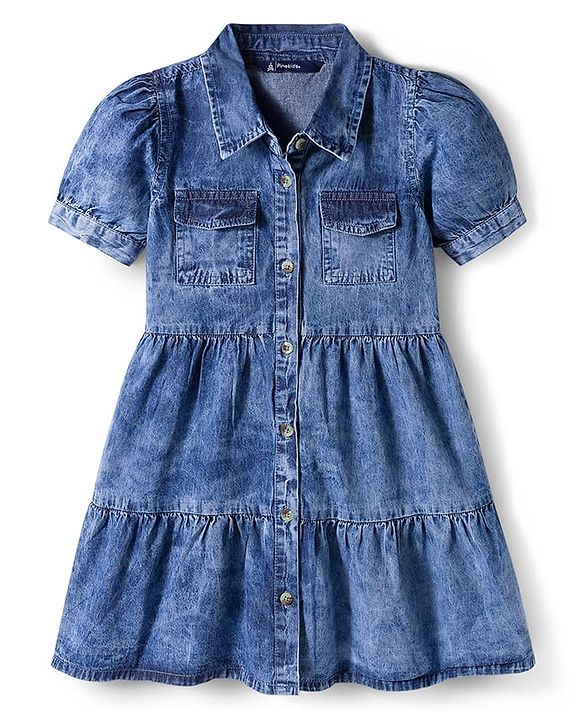Pine Kids Cotton Woven Half Sleeves Solid Colour Frock - Navy Blue