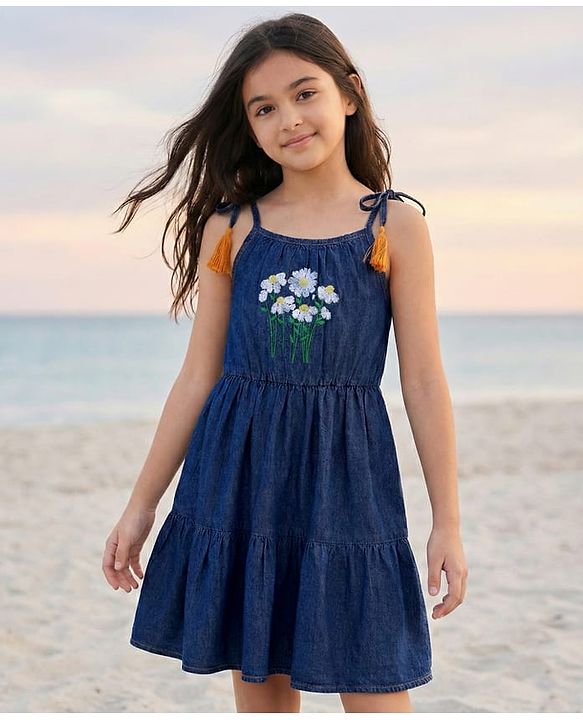 Pine Kids Cotton Woven Sleeveless Frock With Floral Embriodery - Navy Blue