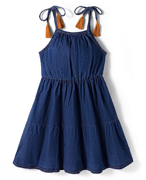 Pine Kids Cotton Woven Sleeveless Frock With Floral Embriodery - Navy Blue