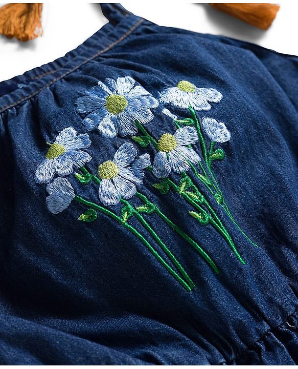 Pine Kids Cotton Woven Sleeveless Frock With Floral Embriodery - Navy Blue