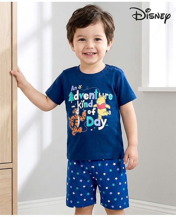 Babyhug Disney Single Jersey Knit Half Sleeves Shorts Night Suit With Winnie & Friends Print - Navy Blue